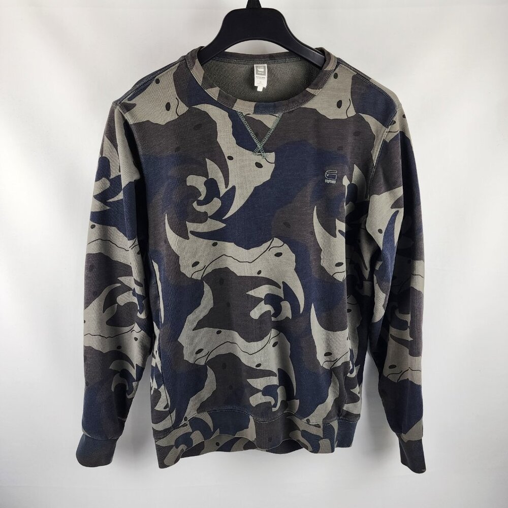 G Star RAW Sweatshirt Mens Large Green Multi Ferru Camo L/S Pullover Elbow Patch
